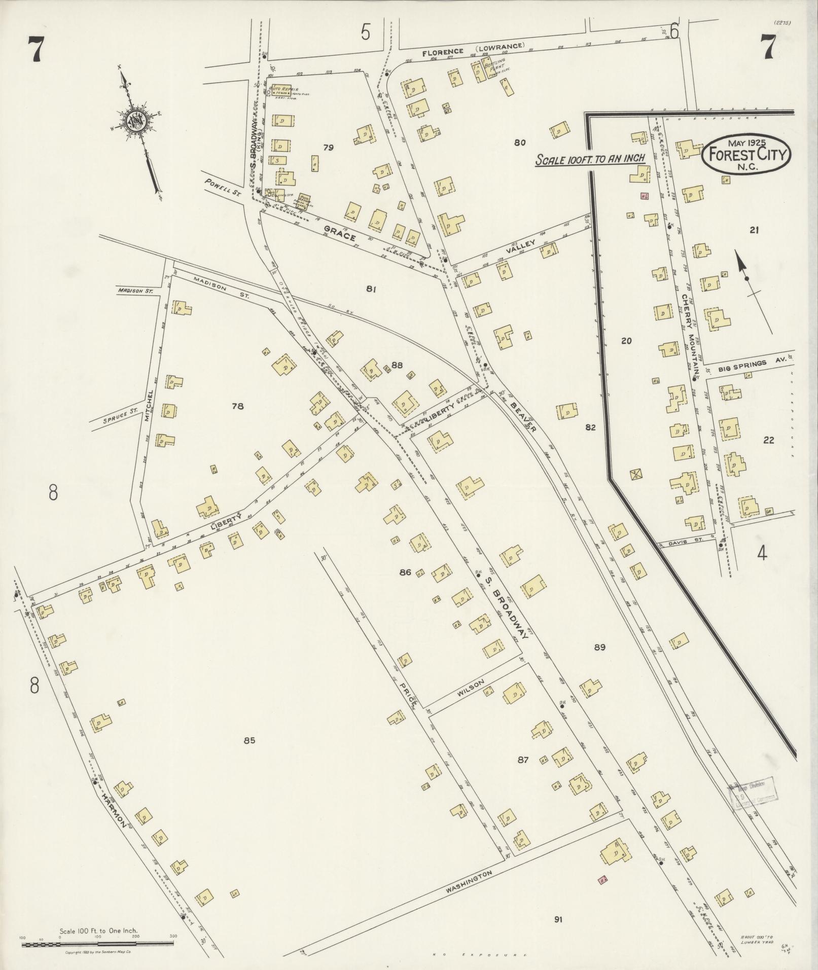 Sanborn Fire Insurance Map from Forest City, Rutherford County, North Carolina (1925), Sheet #0007 - Complete Map Set gallery image, historic Sanborn map, vintage wall art, North Carolina North Carolina