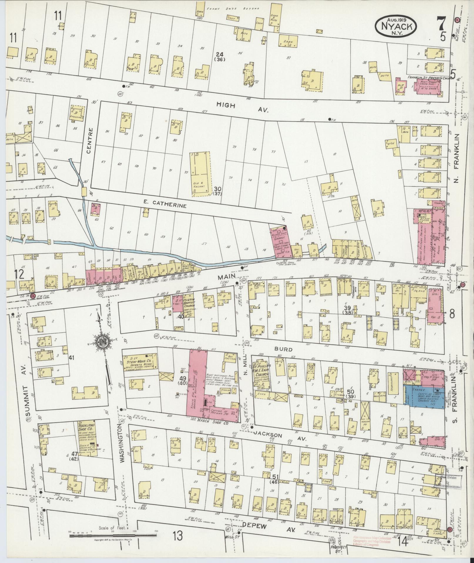 Sanborn Fire Insurance Map from Nyack, Rockland County, New York (1919), Sheet #0007 - Historic Sanborn Fire Insurance Map Print, vintage old map wall art, antique decor, genealogy gift, New York New York map