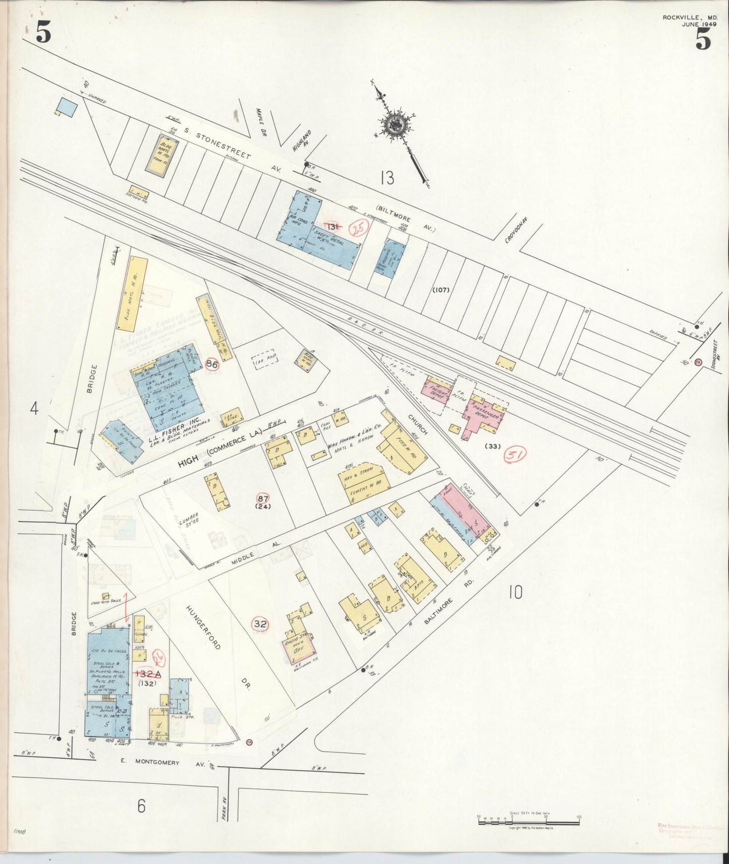 Sanborn Fire Insurance Map from Rockville, Montgomery County, Maryland (1960), Sheet #0005 - Historic Sanborn Fire Insurance Map Print, vintage old map wall art