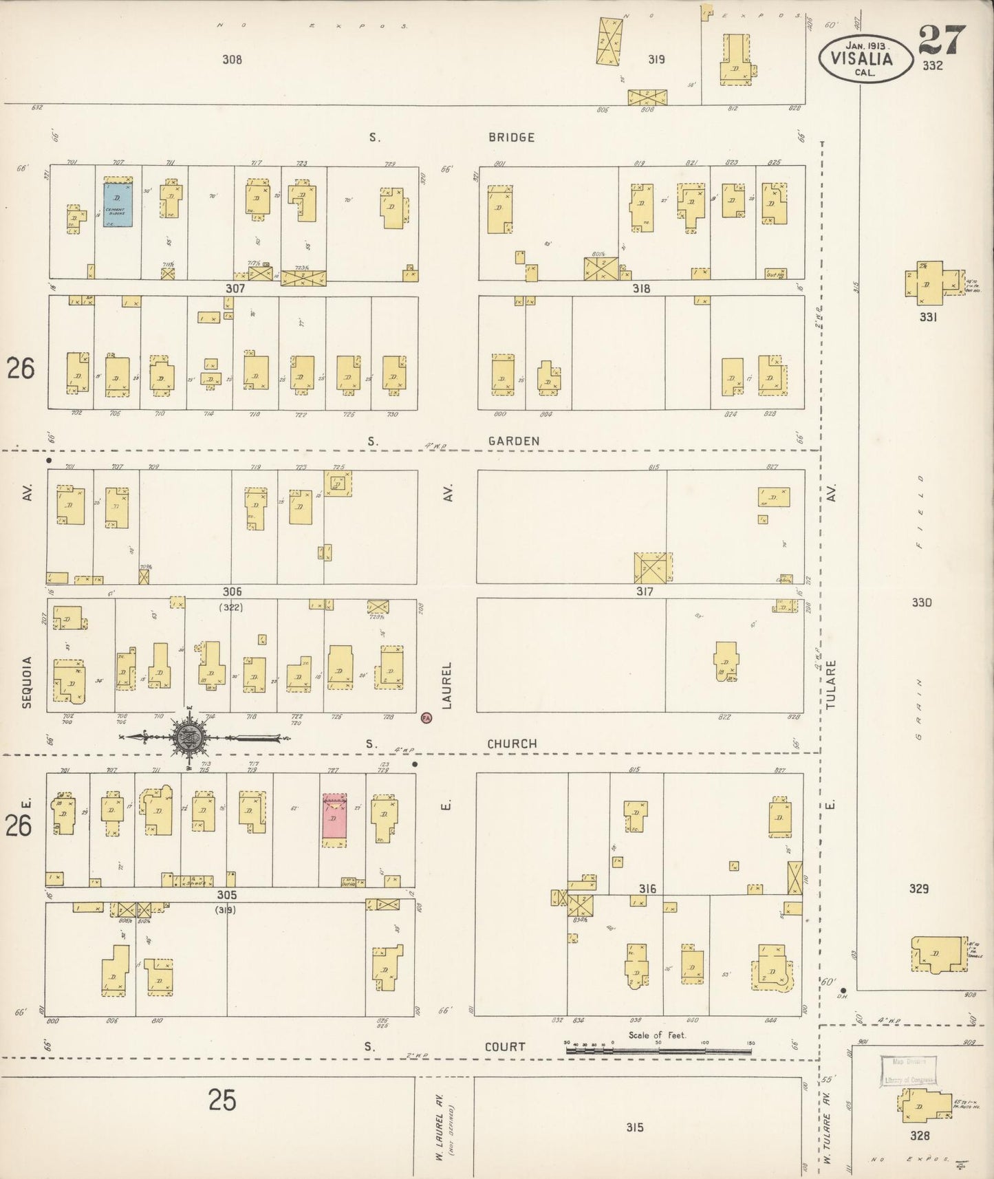 Sanborn Fire Insurance Map from Visalia, Tulare County, California (1913), Sheet #0027 - Complete Map Set gallery image, historic Sanborn map, vintage wall art, California California