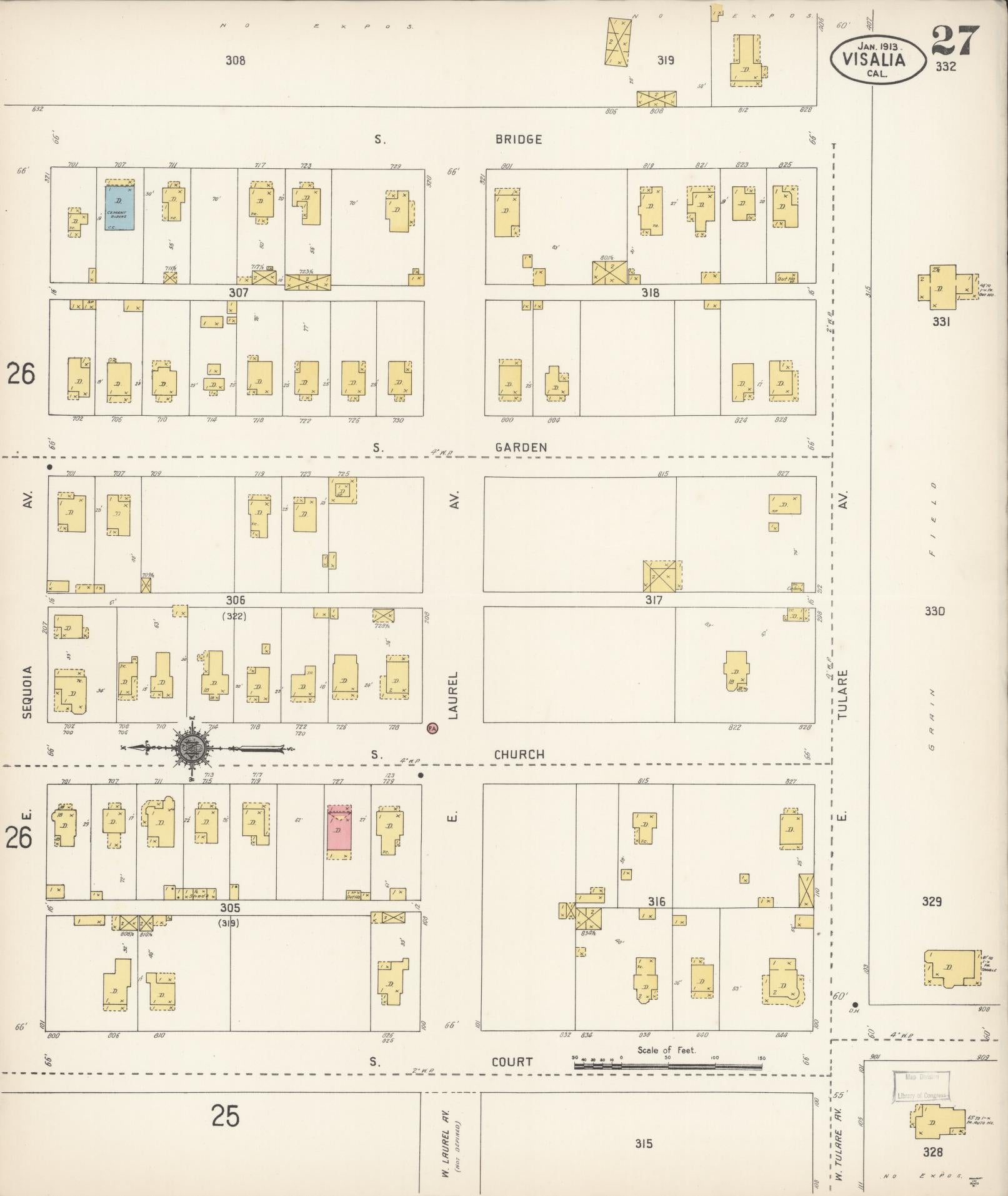 Sanborn Fire Insurance Map from Visalia, Tulare County, California (1913), Sheet #0027 - Complete Map Set gallery image, historic Sanborn map, vintage wall art, California California