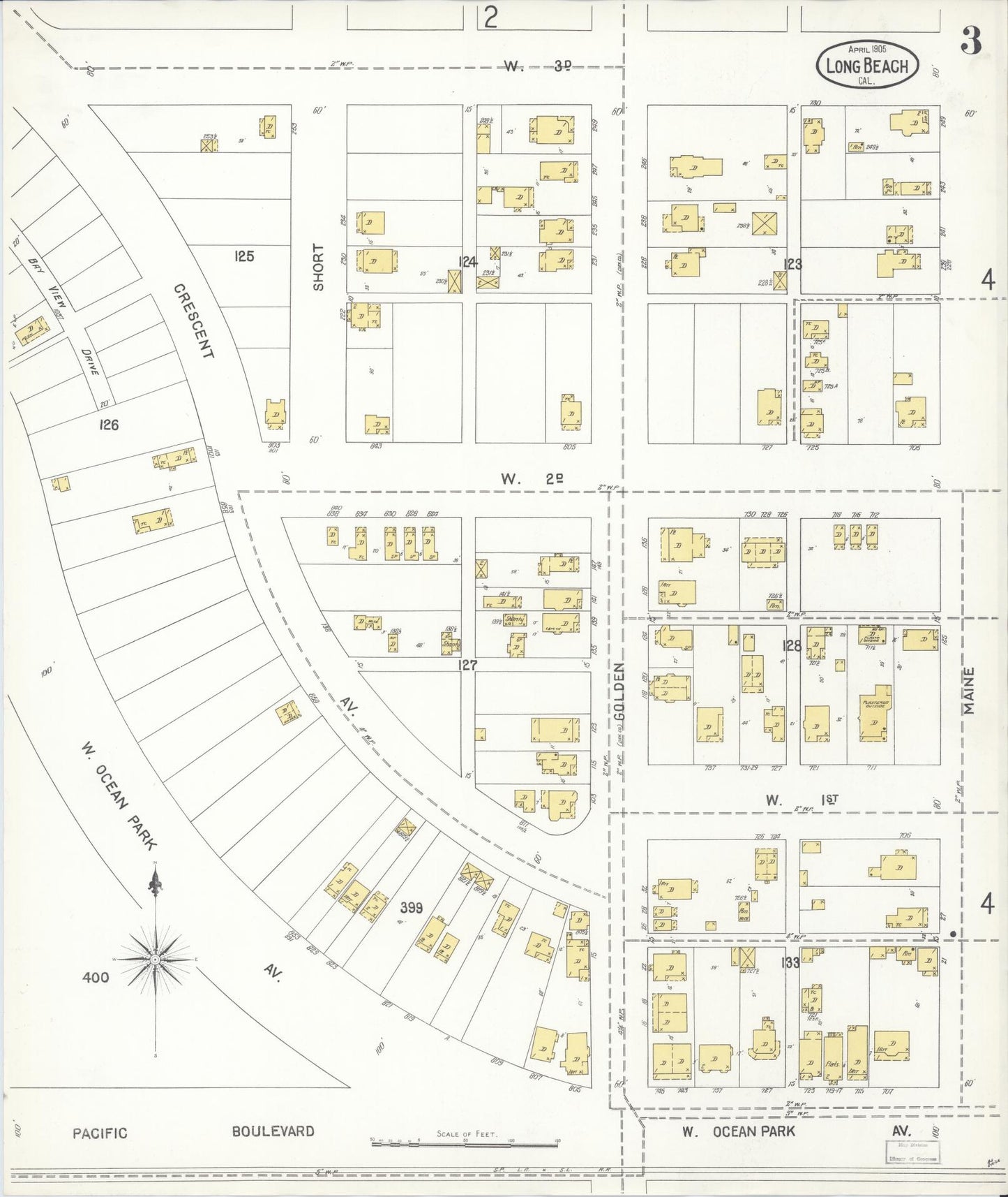 Sanborn Fire Insurance Map from Long Beach, Los Angeles County, California (1905), Sheet #0003 - Complete Map Set gallery image, historic Sanborn map, vintage wall art, California California