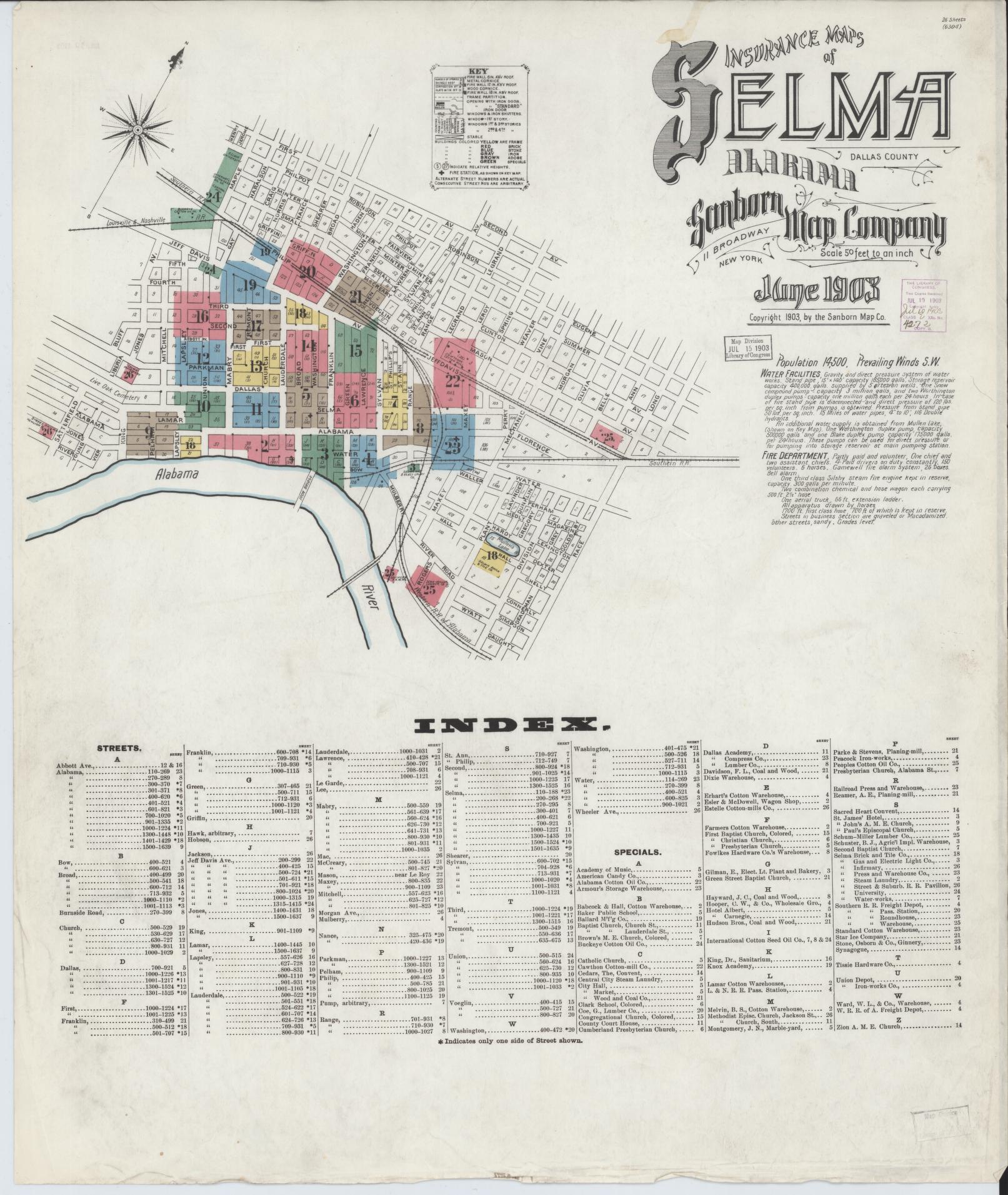 Sanborn Fire Insurance Map from Selma, Dallas County, Alabama (1903), Sheet #0001 - Historic Sanborn Fire Insurance Map Print, vintage old map wall art, antique decor, genealogy gift, Alabama Alabama map