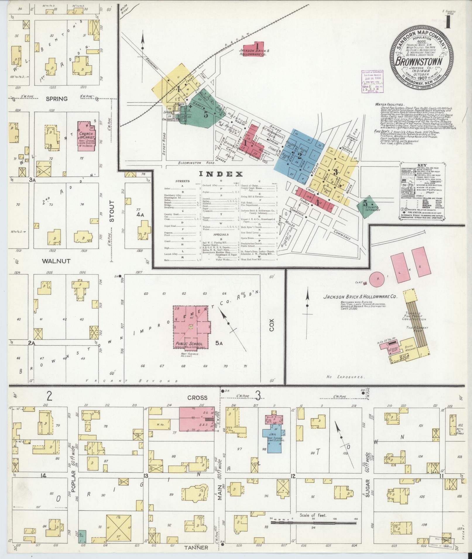 Sanborn Fire Insurance Map from Brownstown, Jackson County, Indiana (1907), Sheet #0001 - Complete Map Set gallery image, historic Sanborn map, vintage wall art, Indiana Indiana