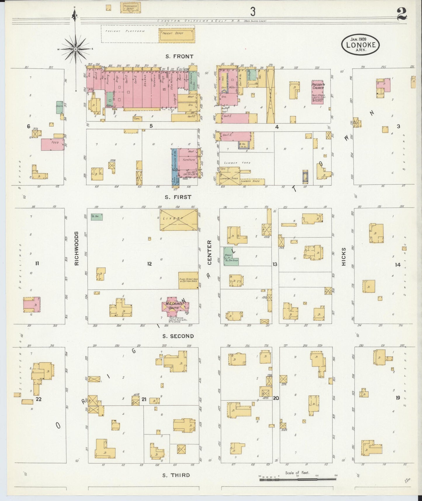 Sanborn Fire Insurance Map from Lonoke, Lonoke County, Arkansas (1909), Sheet #0002 - Historic Sanborn Fire Insurance Map Print, vintage old map wall art, antique decor, genealogy gift, Arkansas Arkansas map