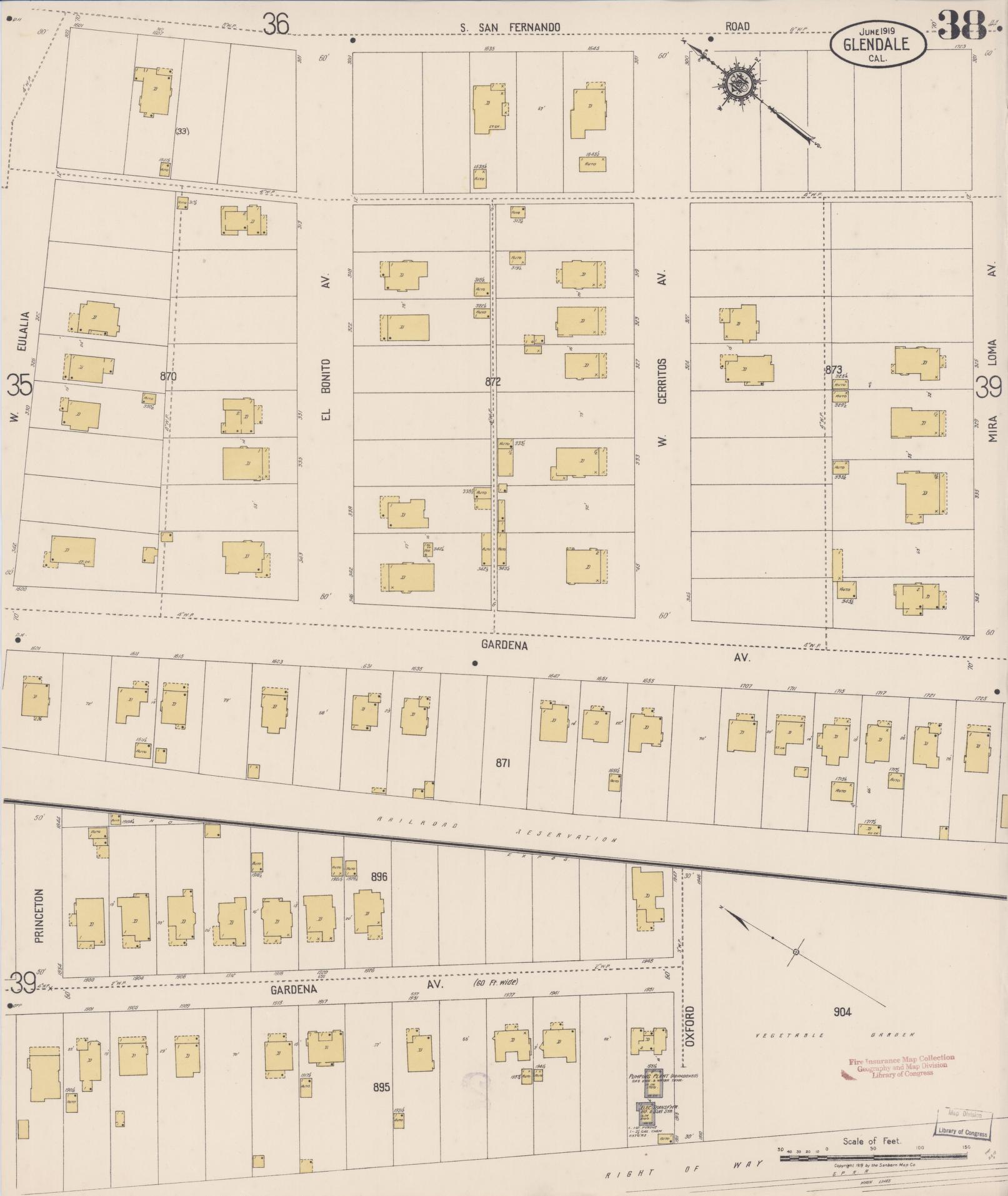 Sanborn Fire Insurance Map from Glendale, Los Angeles County, California (1919), Sheet #0038 - Historic Sanborn Fire Insurance Map Print, vintage old map wall art, antique decor, genealogy gift, California California map