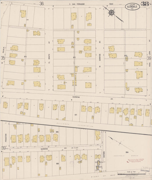 Sanborn Fire Insurance Map from Glendale, Los Angeles County, California (1919), Sheet #0038 - Historic Sanborn Fire Insurance Map Print, vintage old map wall art, antique decor, genealogy gift, California California map