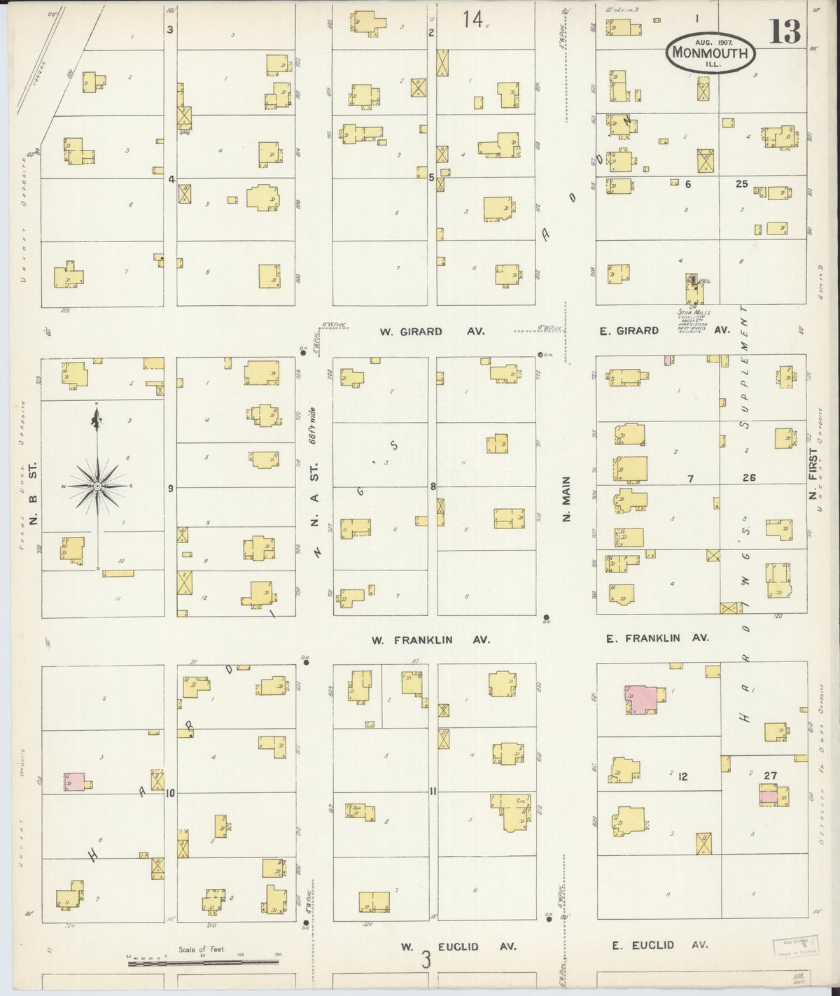 Sanborn Fire Insurance Map from Monmouth, Warren County, Illinois (1907), Sheet #0013 - Complete Map Set gallery image, historic Sanborn map, vintage wall art, Illinois Illinois