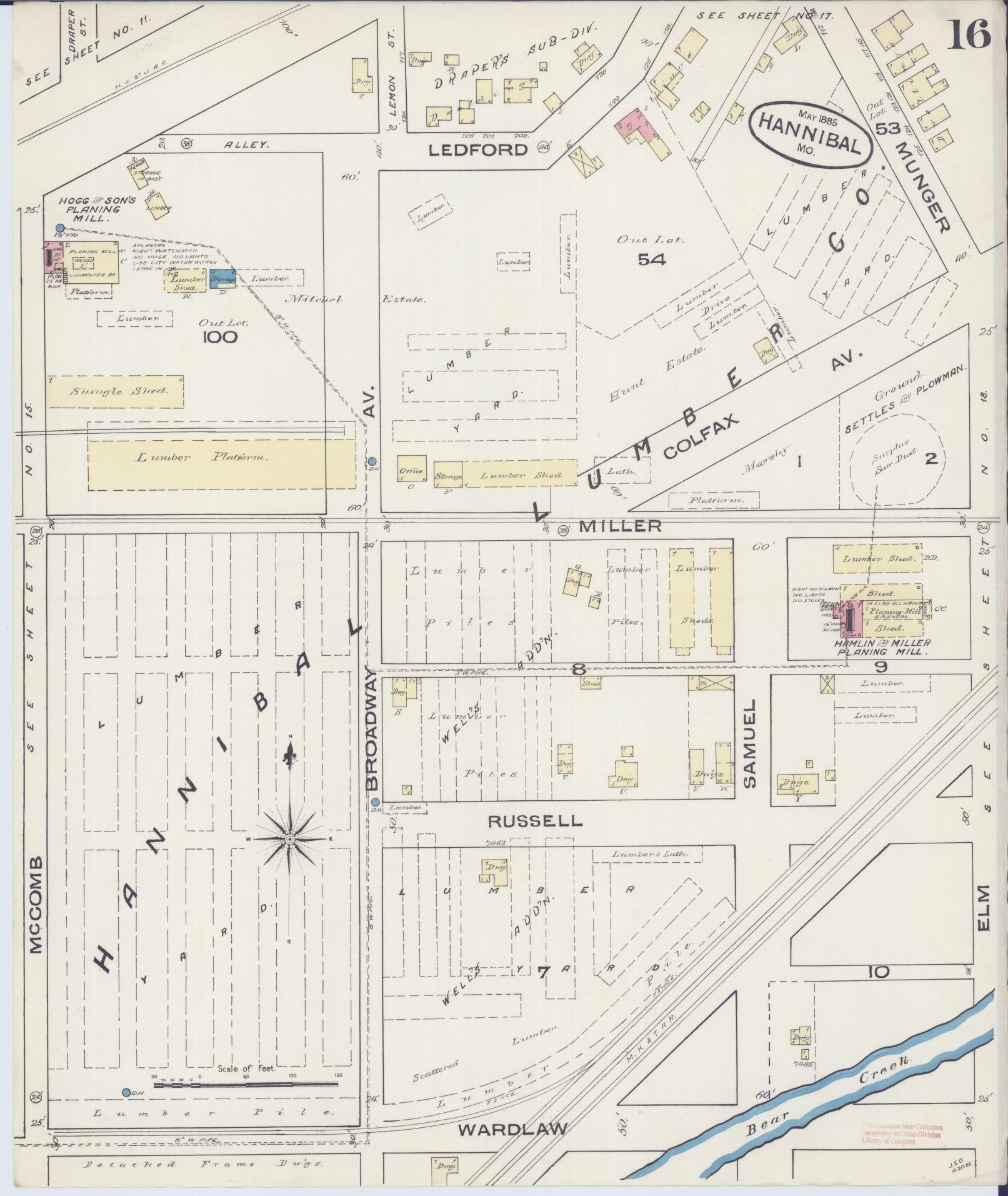 Sanborn Fire Insurance Map from Hannibal, Marion County, Missouri (1885), Sheet #0016 - Historic Sanborn Fire Insurance Map Print, vintage old map wall art, antique decor, genealogy gift, Missouri Missouri map
