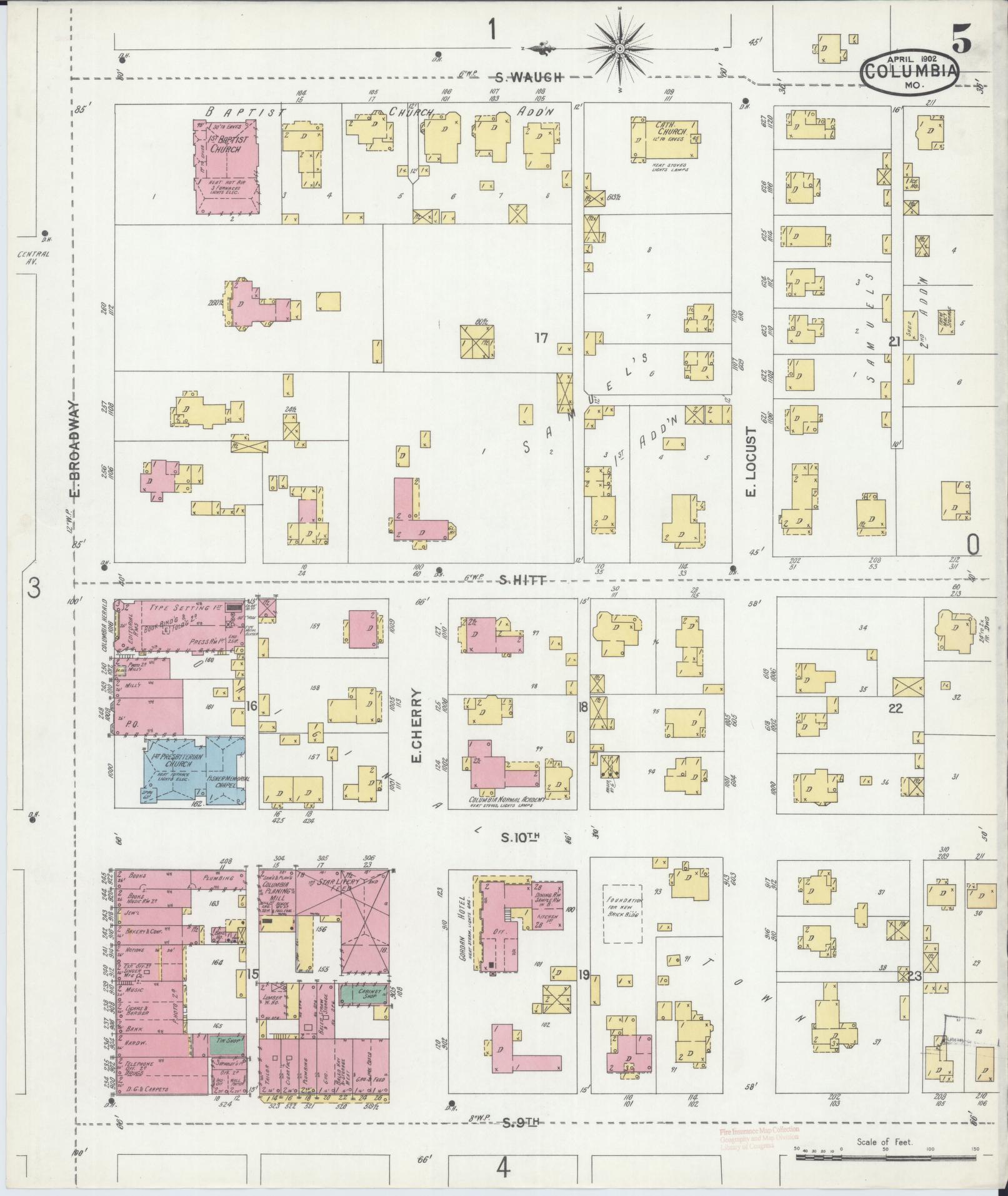Sanborn Fire Insurance Map from Columbia, Boone County, Missouri (1902), Sheet #0005 - Historic Sanborn Fire Insurance Map Print, vintage old map wall art, antique decor, genealogy gift, Missouri Missouri map