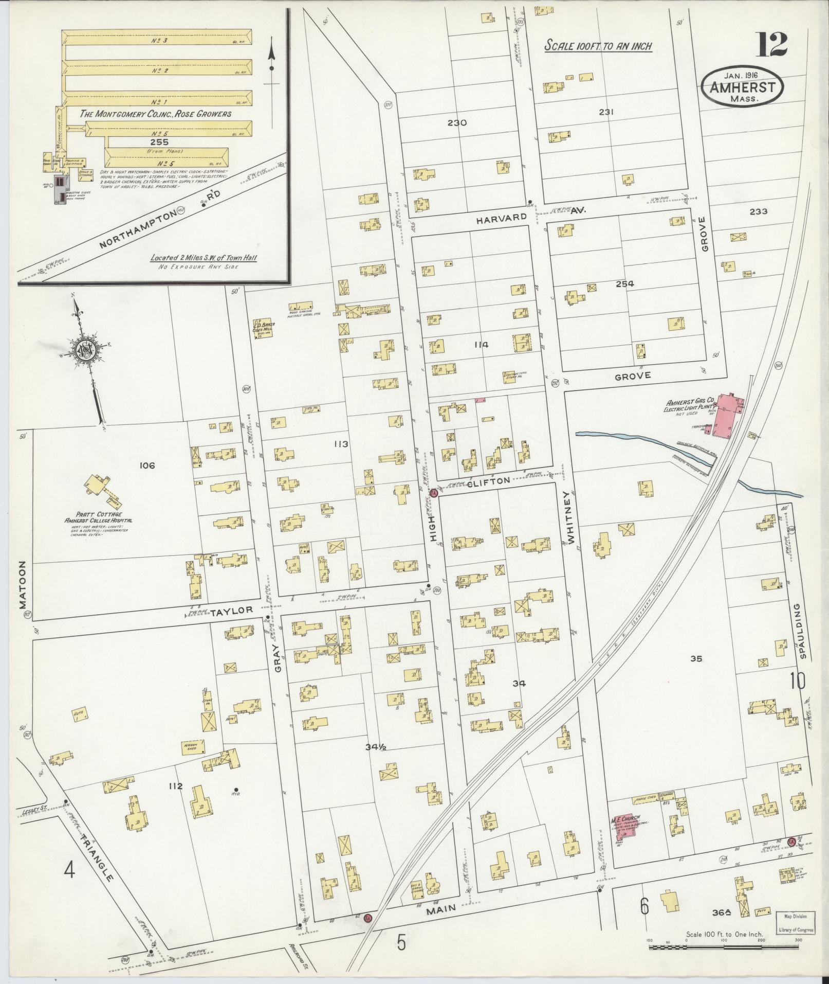 Sanborn Fire Insurance Map from Amherst, Hampshire County, Massachusetts (1916), Sheet #0012 - Historic Sanborn Fire Insurance Map Print, vintage old map wall art, antique decor, genealogy gift, Massachusetts Massachusetts map