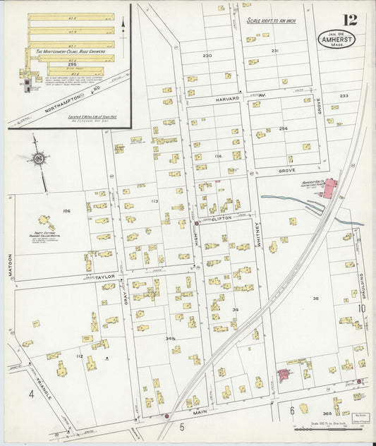 Sanborn Fire Insurance Map from Amherst, Hampshire County, Massachusetts (1916), Sheet #0012 - Historic Sanborn Fire Insurance Map Print, vintage old map wall art, antique decor, genealogy gift, Massachusetts Massachusetts map