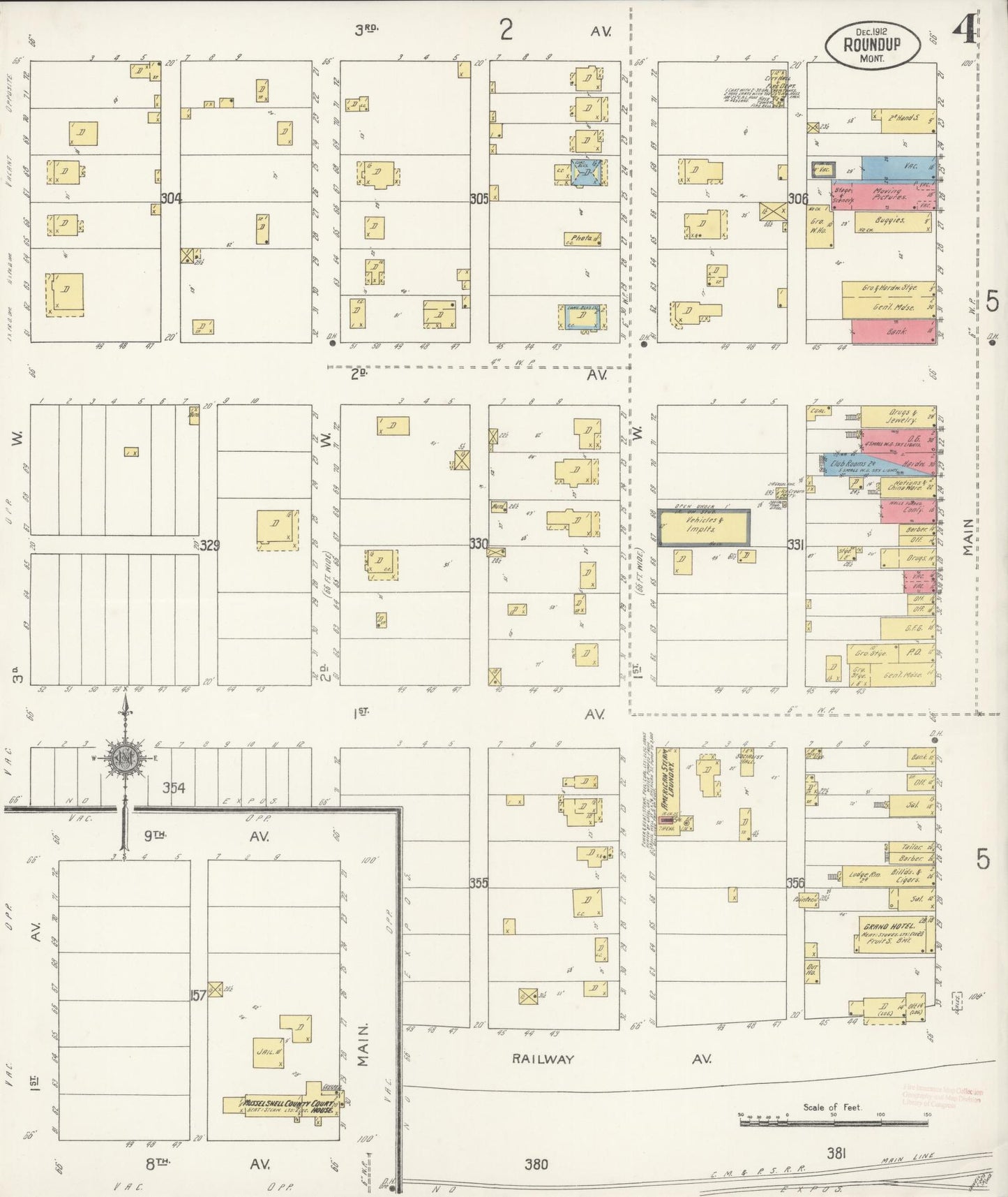 Sanborn Fire Insurance Map from Roundup, Musselshell County, Montana (1912), Sheet #0004 - Historic Sanborn Fire Insurance Map Print, vintage old map wall art, antique decor, genealogy gift, Montana Montana map