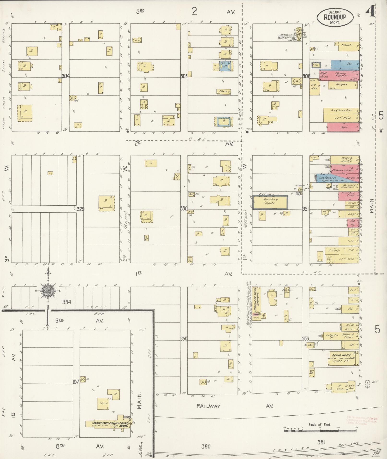 Sanborn Fire Insurance Map from Roundup, Musselshell County, Montana (1912), Sheet #0004 - Historic Sanborn Fire Insurance Map Print, vintage old map wall art, antique decor, genealogy gift, Montana Montana map