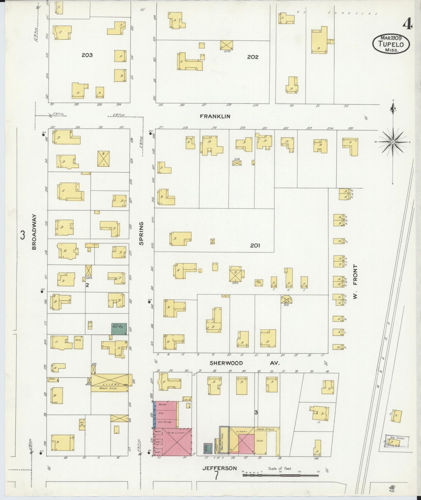 Sanborn Fire Insurance Map from Tupelo, Lee County, Mississippi (1909), Sheet #0004 - Historic Sanborn Fire Insurance Map Print, vintage old map wall art, antique decor, genealogy gift, Mississippi Mississippi map