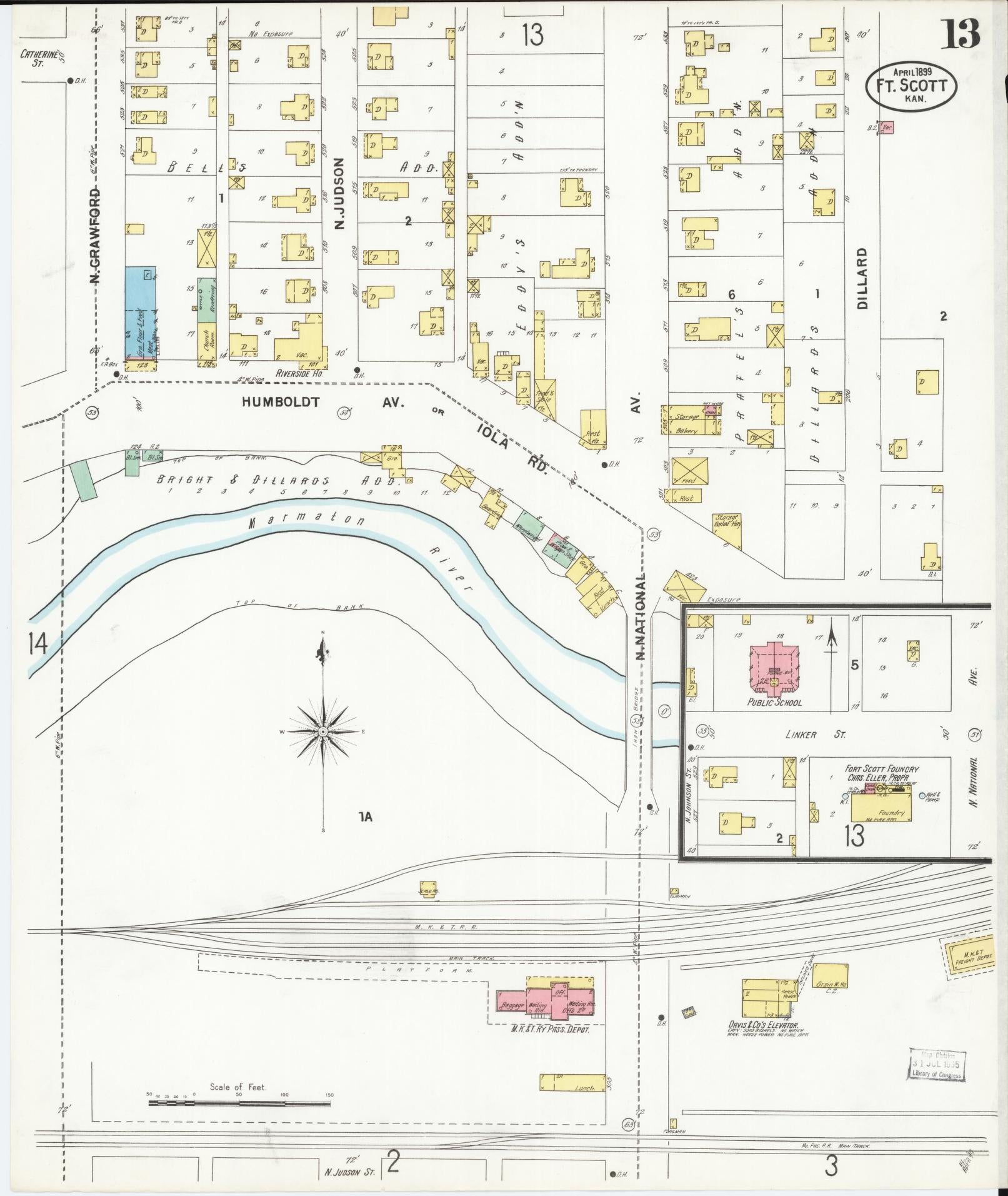 Sanborn Fire Insurance Map from Fort Scott, Bourbon County, Kansas (1899), Sheet #0013 - Historic Sanborn Fire Insurance Map Print, vintage old map wall art, antique decor, genealogy gift, Kansas Kansas map