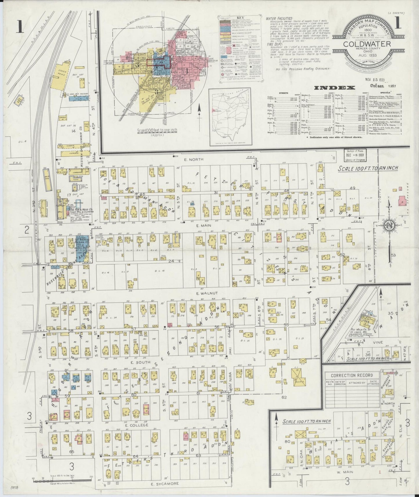 Sanborn Fire Insurance Map from Cold Water, Mercer County, Ohio (1933), Sheet #0001 - Historic Sanborn Fire Insurance Map Print, vintage old map wall art, antique decor, genealogy gift, Ohio Ohio map