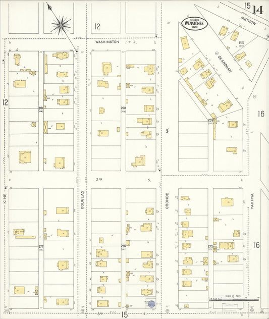 Sanborn Fire Insurance Map from Wenatchee, Chelan County, Washington (1909), Sheet #0014 - Historic Sanborn Fire Insurance Map Print, vintage old map wall art, antique decor, genealogy gift, Washington Washington map