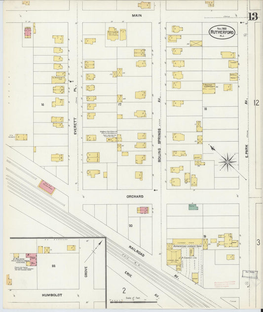 Sanborn Fire Insurance Map from Rutherford, Bergen County, New Jersey (1902), Sheet #0013 - Historic Sanborn Fire Insurance Map Print, vintage old map wall art, antique decor, genealogy gift, New Jersey New Jersey map