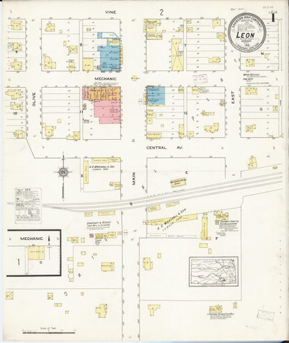 Sanborn Fire Insurance Map from Leon, Butler County, Kansas (1915), Sheet #0001 - Complete Map Set gallery image, historic Sanborn map, vintage wall art, Kansas Kansas