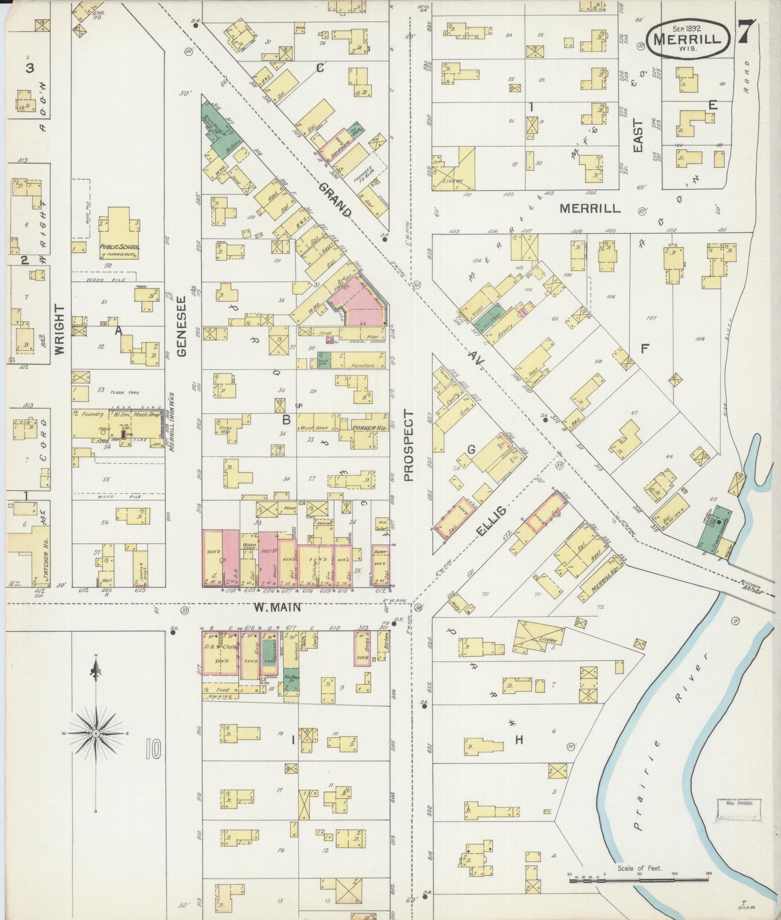 Sanborn Fire Insurance Map from Merrill, Lincoln County, Wisconsin (1892), Sheet #0007 - Historic Sanborn Fire Insurance Map Print, vintage old map wall art, antique decor, genealogy gift, Wisconsin Wisconsin map