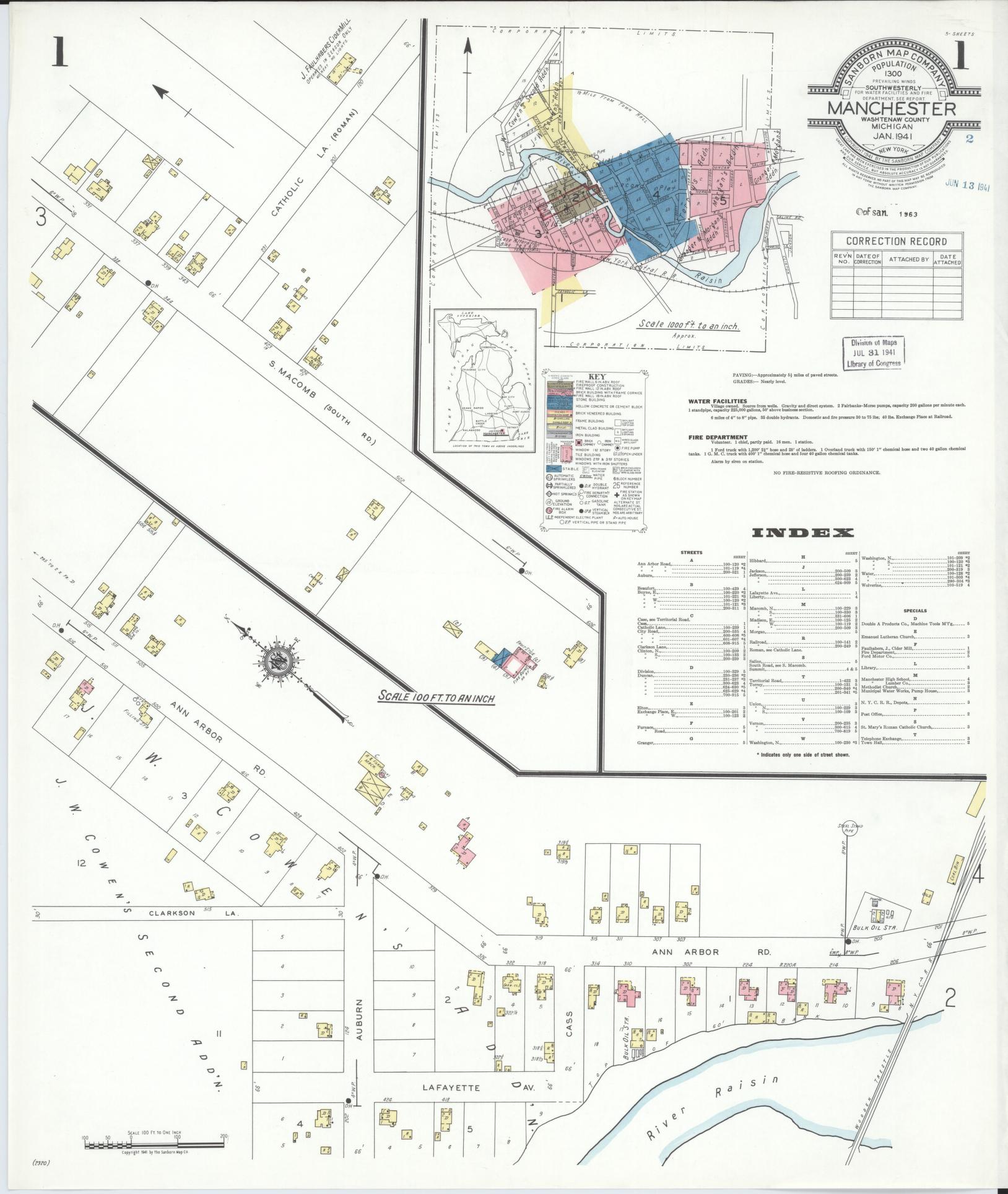 Sanborn Fire Insurance Map from Manchester, Washtenaw County, Michigan (1941), Sheet #0001 - Complete Map Set gallery image, historic Sanborn map, vintage wall art, Michigan Michigan
