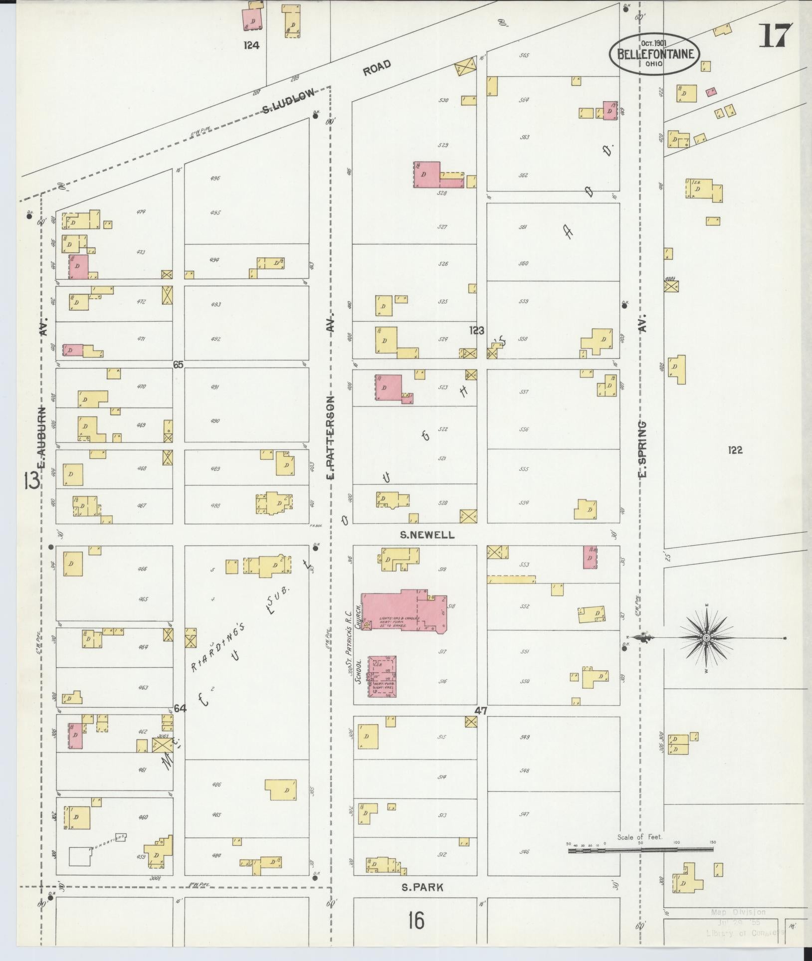 Sanborn Fire Insurance Map from Bellefontaine, Logan County, Ohio (1901), Sheet #0017 - Historic Sanborn Fire Insurance Map Print, vintage old map wall art, antique decor, genealogy gift, Ohio Ohio map