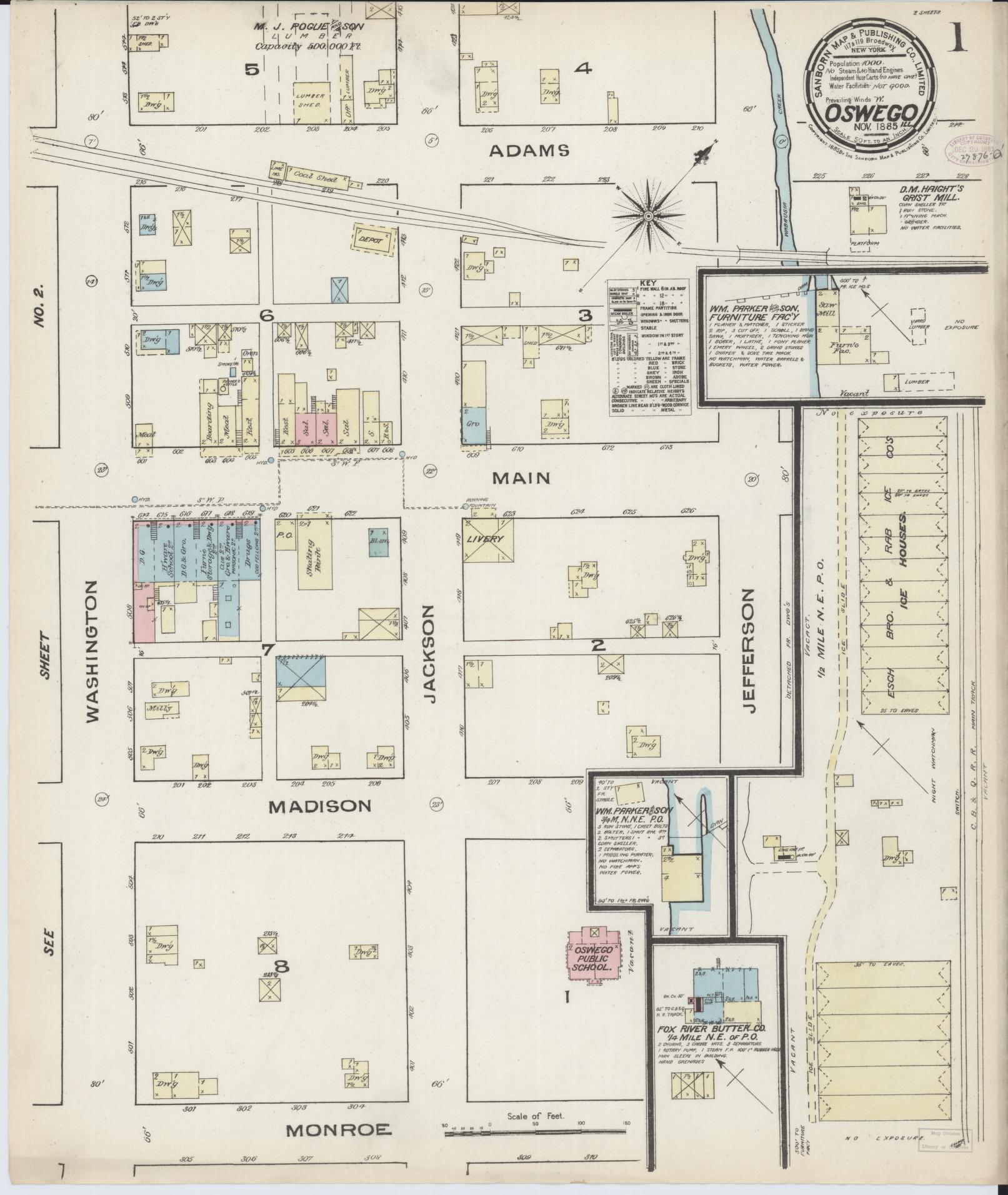 Sanborn Fire Insurance Map from Oswego, Kendall County, Illinois (1885), Sheet #0001 - Historic Sanborn Fire Insurance Map Print, vintage old map wall art, antique decor, genealogy gift, Illinois Illinois map