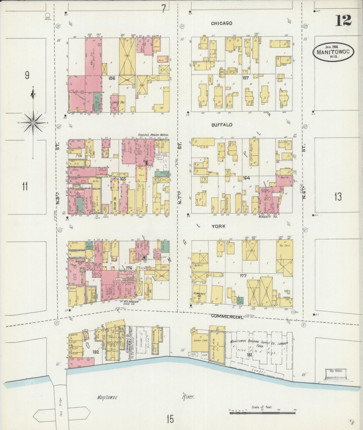 Sanborn Fire Insurance Map from Manitowoc, Manitowoc County, Wisconsin (1906), Sheet #0012 - Complete Map Set gallery image, historic Sanborn map, vintage wall art, Wisconsin Wisconsin