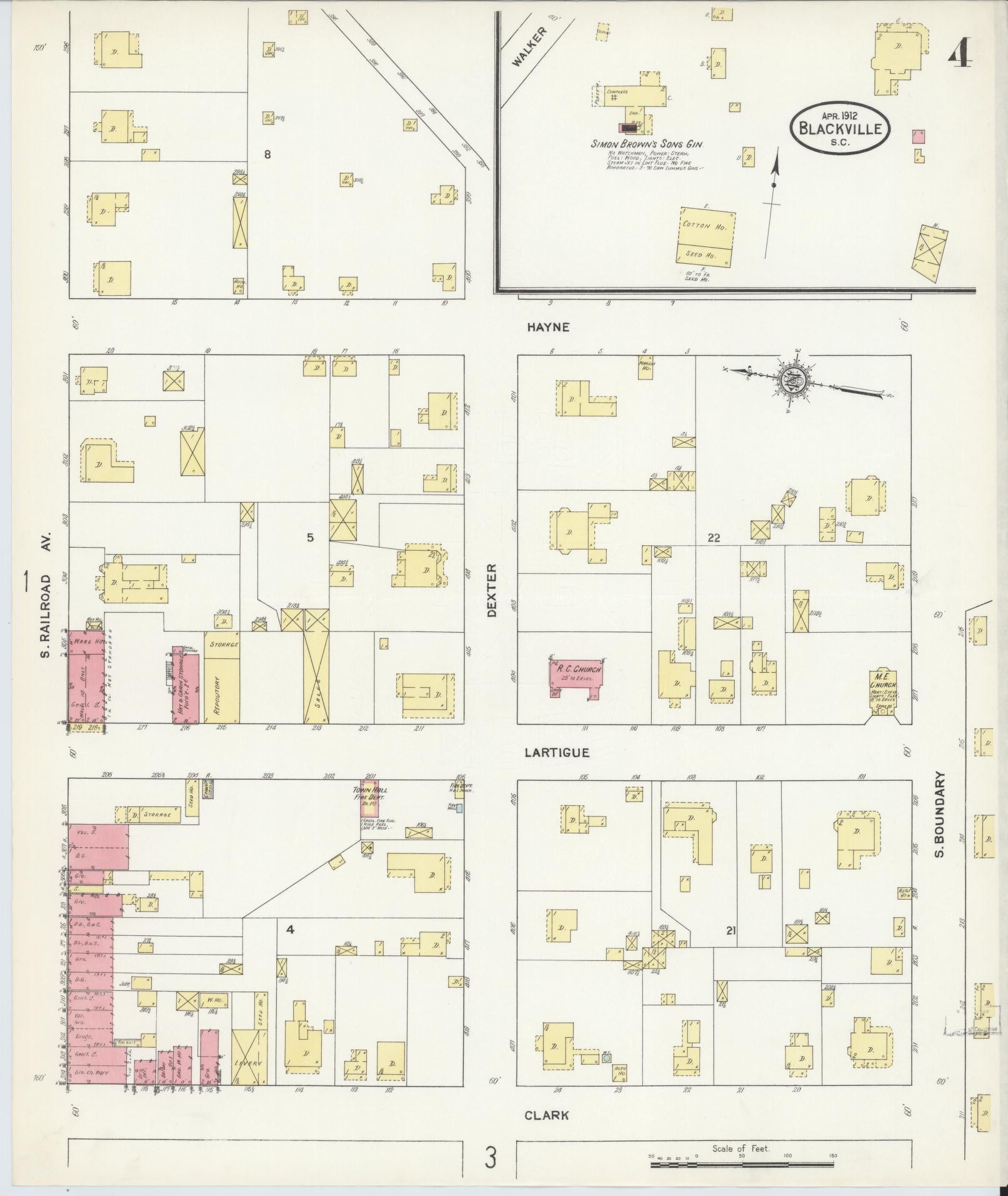 Sanborn Fire Insurance Map from Blackville, Barnwell County, South Carolina (1912), Sheet #0004 - Complete Map Set gallery image, historic Sanborn map, vintage wall art, South Carolina South Carolina