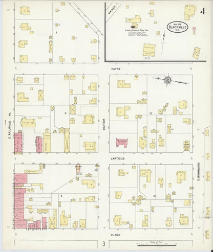 Sanborn Fire Insurance Map from Blackville, Barnwell County, South Carolina (1912), Sheet #0004 - Complete Map Set gallery image, historic Sanborn map, vintage wall art, South Carolina South Carolina