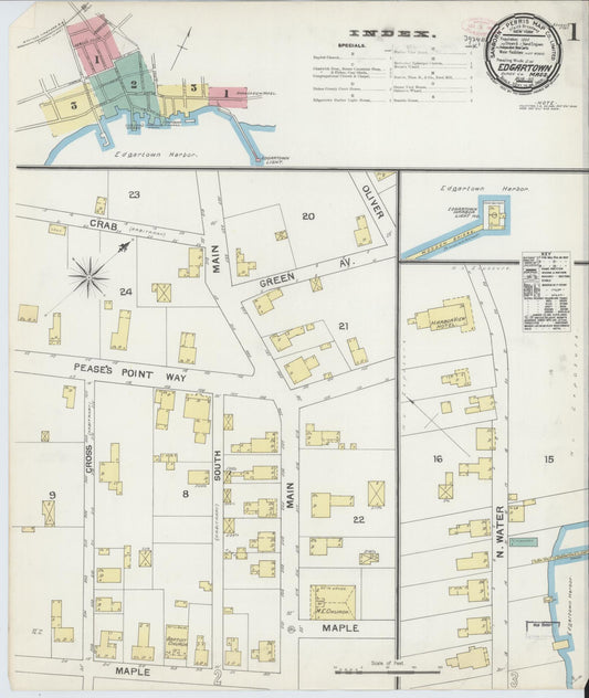 Sanborn Fire Insurance Map from Edgartown, Dukes County, Massachusetts (1892), Sheet #0001 - Historic Sanborn Fire Insurance Map Print, vintage old map wall art, antique decor, genealogy gift, Massachusetts Massachusetts map