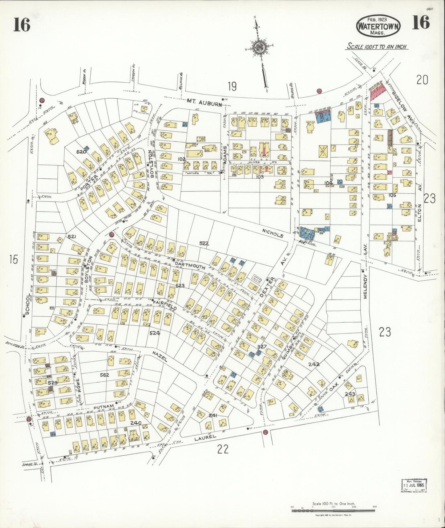 Sanborn Fire Insurance Map from Watertown, Middlesex County, Massachusetts (1923), Sheet #0016 - Historic Sanborn Fire Insurance Map Print, vintage old map wall art, antique decor, genealogy gift, Massachusetts Massachusetts map