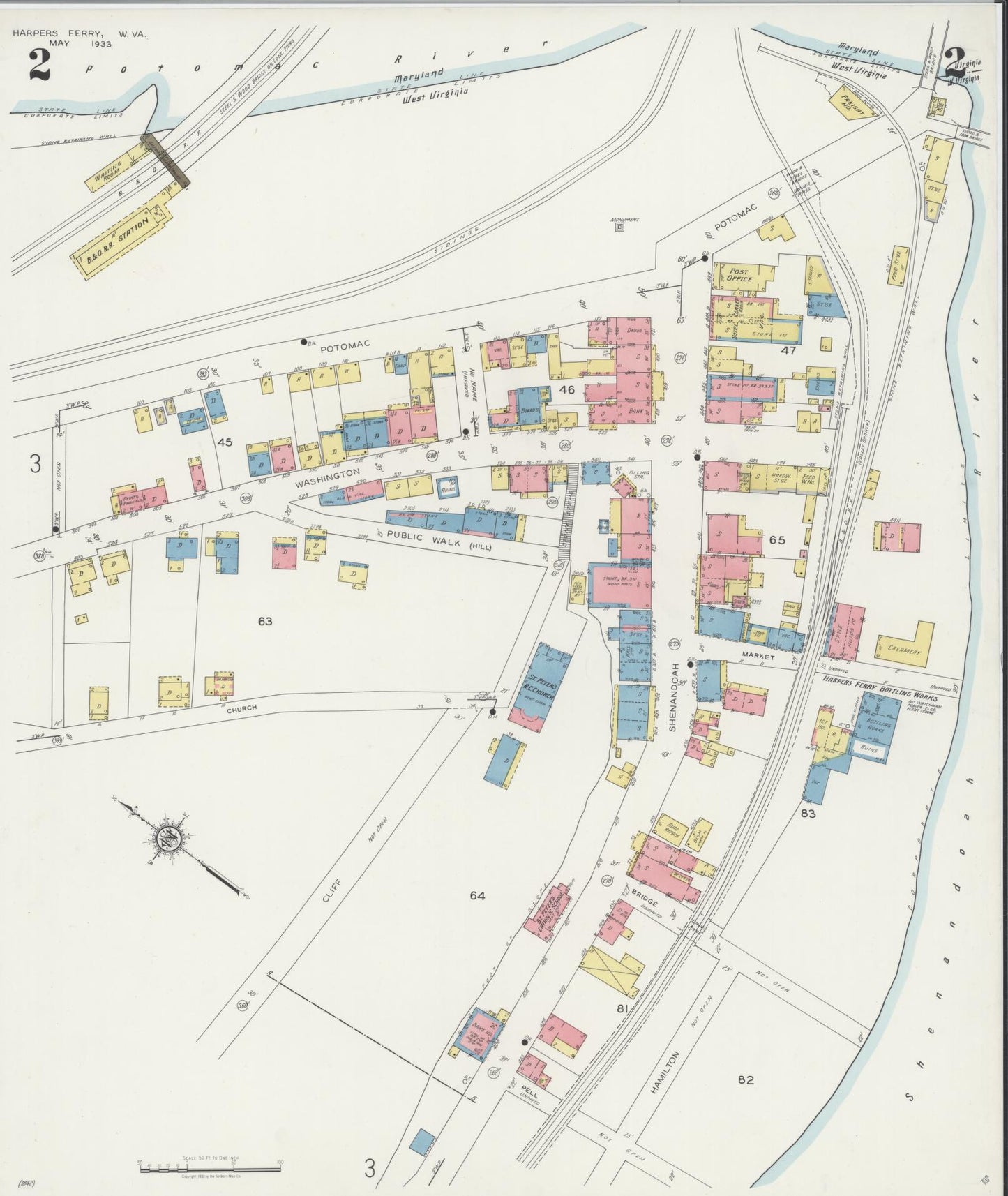 Sanborn Fire Insurance Map from Harpers Ferry, Jefferson County, West Virginia (1933), Sheet #0002 - Complete Map Set gallery image, historic Sanborn map, vintage wall art, West Virginia West Virginia