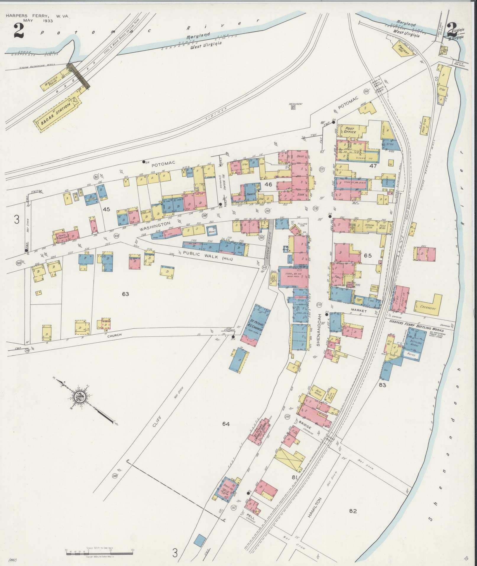 Sanborn Fire Insurance Map from Harpers Ferry, Jefferson County, West Virginia (1933), Sheet #0002 - Complete Map Set gallery image, historic Sanborn map, vintage wall art, West Virginia West Virginia