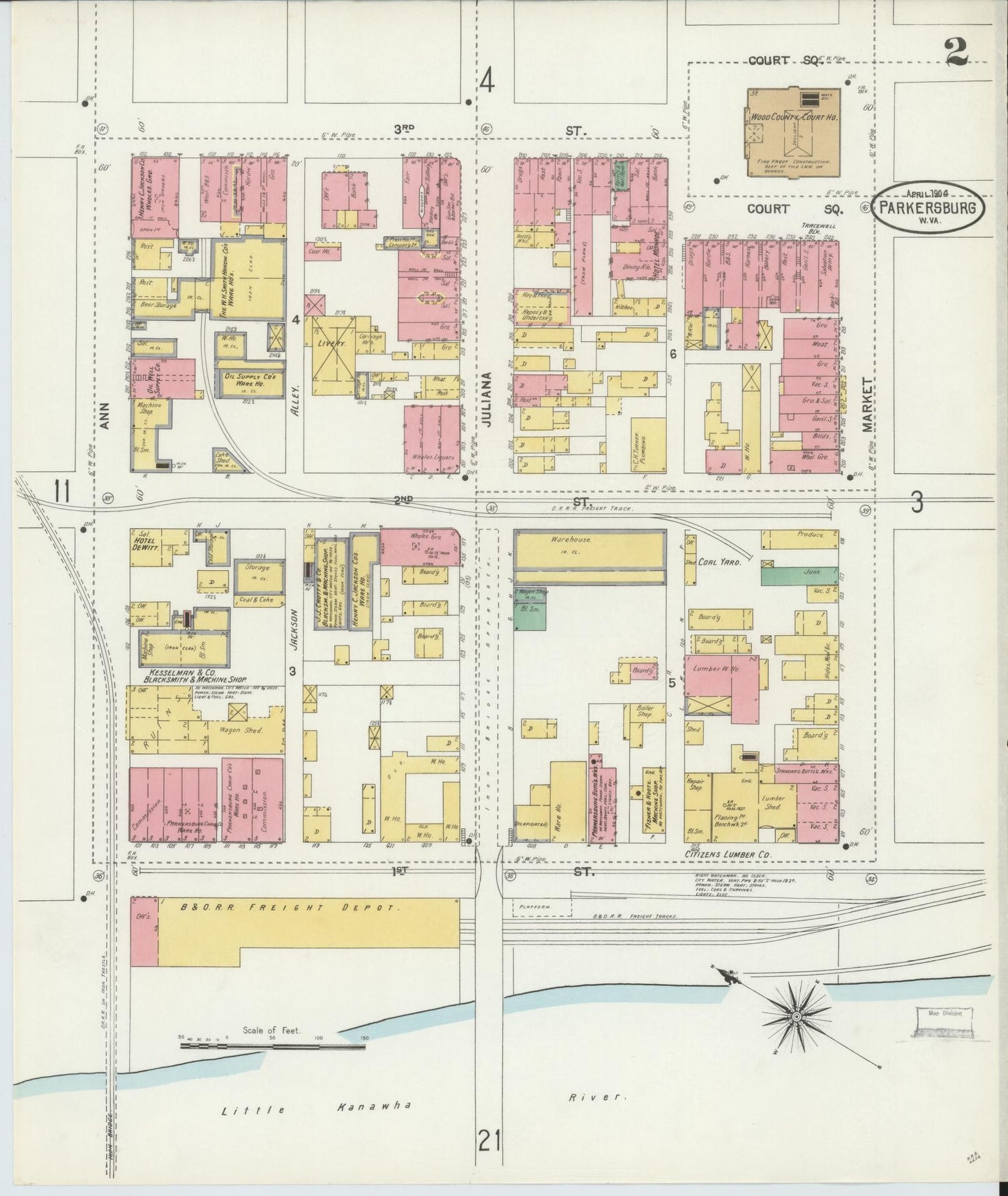 Sanborn Fire Insurance Map from Parkersburg, Wood County, West Virginia (1904), Sheet #0002 - Historic Sanborn Fire Insurance Map Print, vintage old map wall art, antique decor, genealogy gift, West Virginia West Virginia map