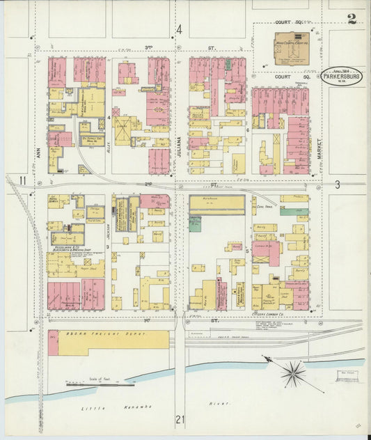 Sanborn Fire Insurance Map from Parkersburg, Wood County, West Virginia (1904), Sheet #0002 - Historic Sanborn Fire Insurance Map Print, vintage old map wall art, antique decor, genealogy gift, West Virginia West Virginia map