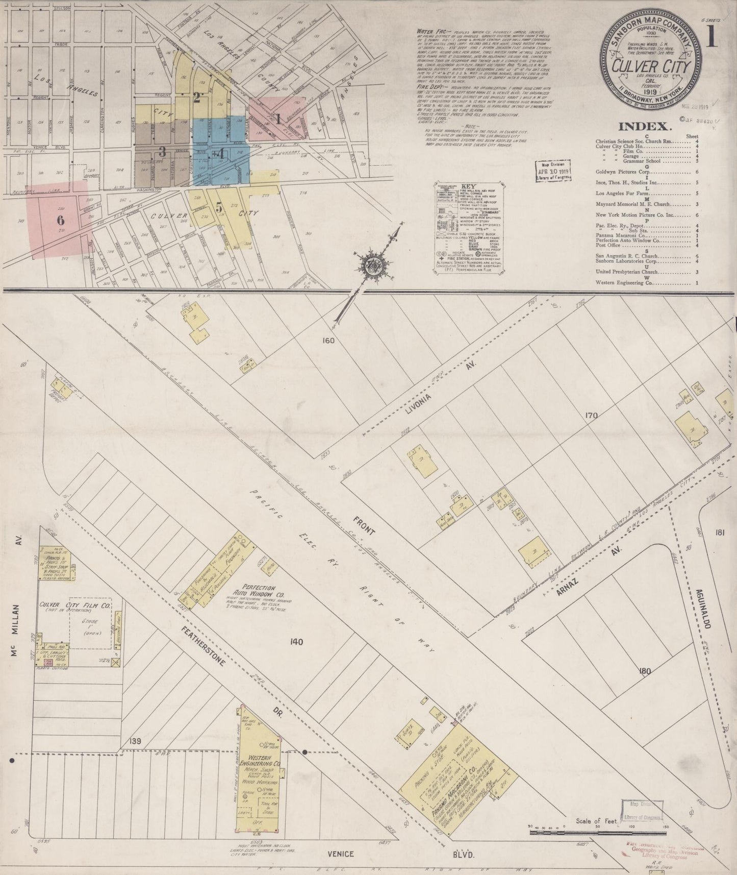Sanborn Fire Insurance Map from Culver City, Los Angeles County, California (1919), Sheet #0001 - Complete Map Set gallery image, historic Sanborn map, vintage wall art, California California