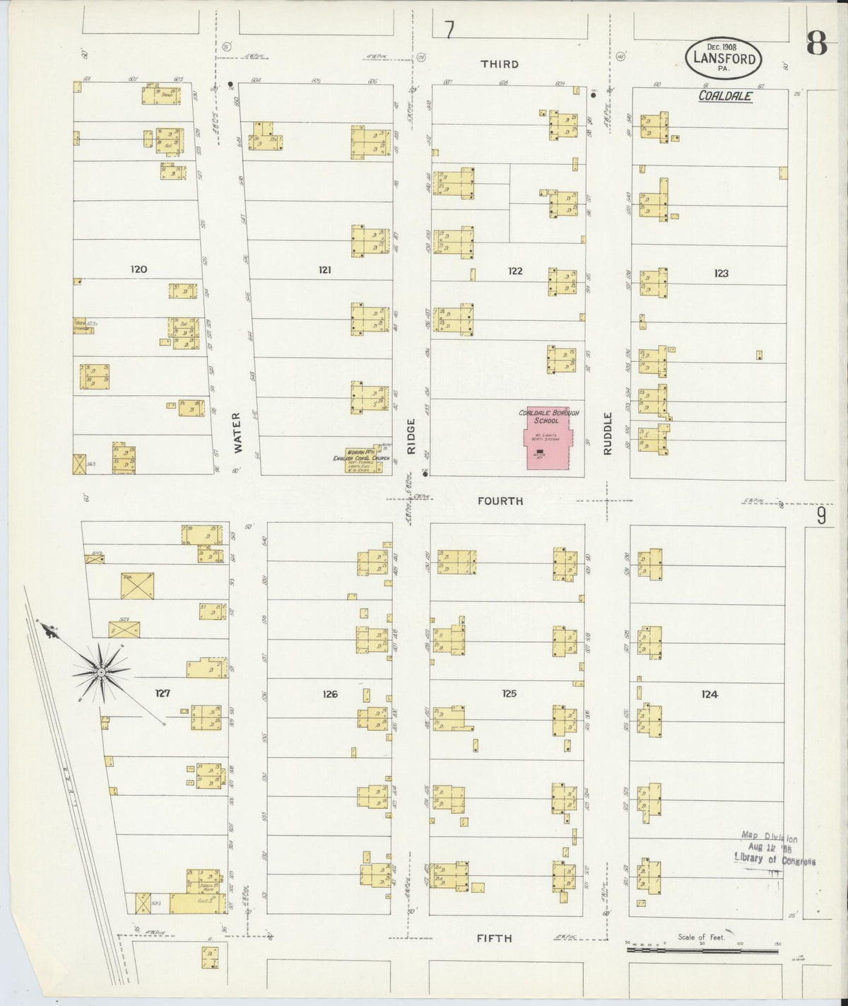 Sanborn Fire Insurance Map from Lansford, Carbon County, Pennsylvania (1908), Sheet #0008 - Historic Sanborn Fire Insurance Map Print, vintage old map wall art, antique decor, genealogy gift, Pennsylvania Pennsylvania map