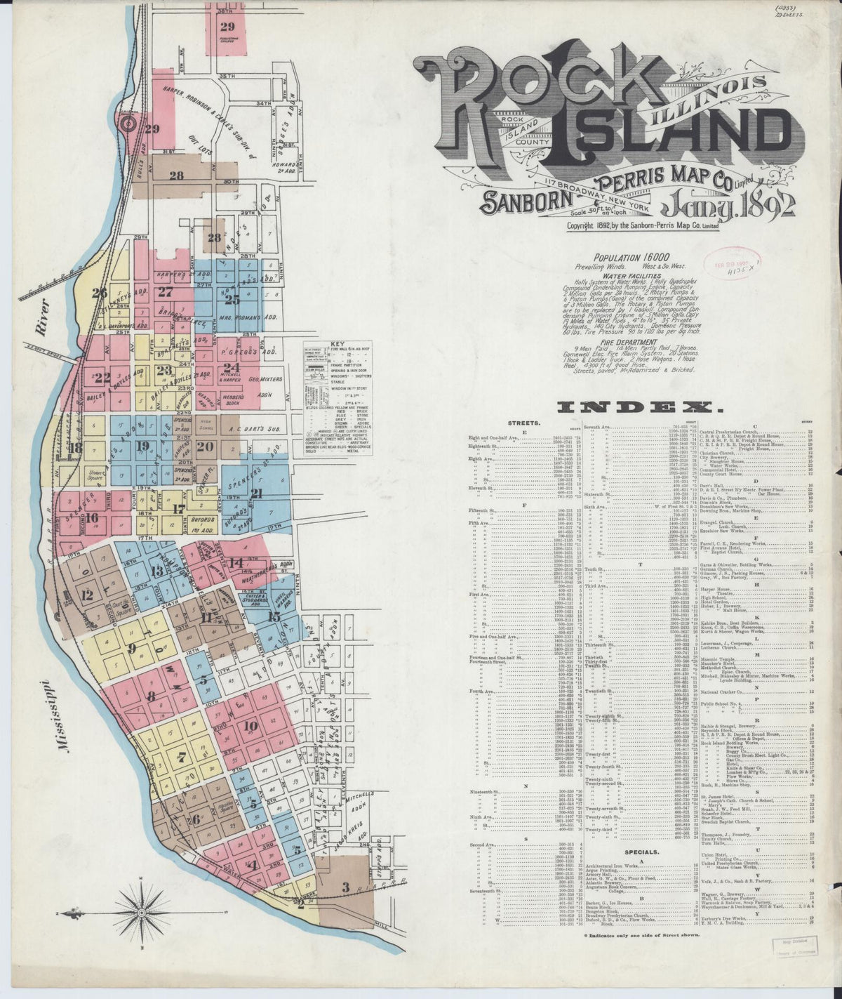 Sanborn Fire Insurance Map from Rock Island, Rock Island County, Illinois (1892), Sheet #0001 - Historic Sanborn Fire Insurance Map Print, vintage old map wall art, antique decor, genealogy gift, Illinois Illinois map