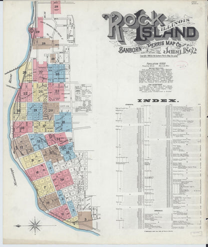Sanborn Fire Insurance Map from Rock Island, Rock Island County, Illinois (1892), Sheet #0001 - Historic Sanborn Fire Insurance Map Print, vintage old map wall art, antique decor, genealogy gift, Illinois Illinois map