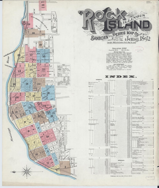 Sanborn Fire Insurance Map from Rock Island, Rock Island County, Illinois (1892), Sheet #0001 - Historic Sanborn Fire Insurance Map Print, vintage old map wall art, antique decor, genealogy gift, Illinois Illinois map