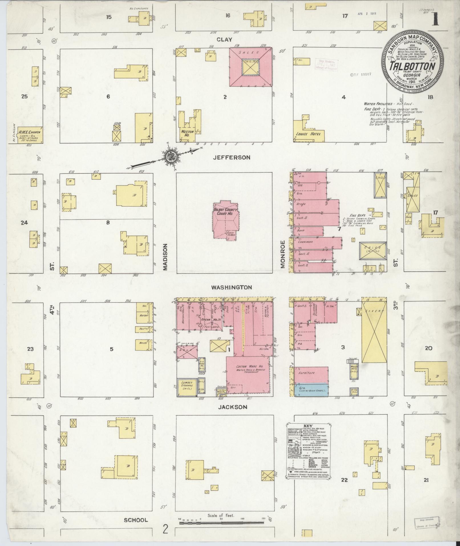 Sanborn Fire Insurance Map from Talbotton, Talbot County, Georgia (1911), Sheet #0001 - Historic Sanborn Fire Insurance Map Print, vintage old map wall art, antique decor, genealogy gift, Georgia Georgia map
