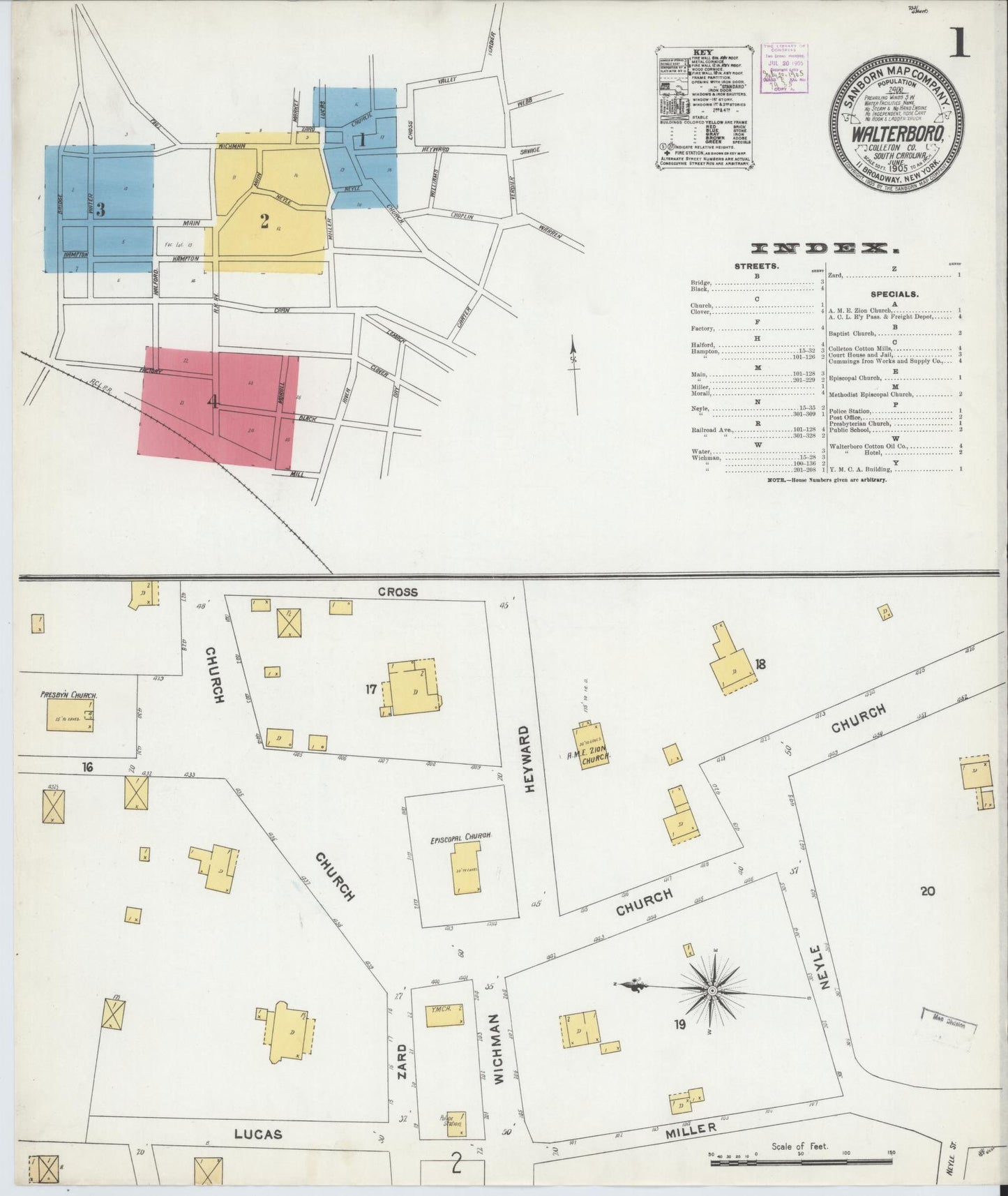 Sanborn Fire Insurance Map from Walterboro, Colleton County, South Carolina (1905), Sheet #0001 - Complete Map Set gallery image, historic Sanborn map, vintage wall art, South Carolina South Carolina