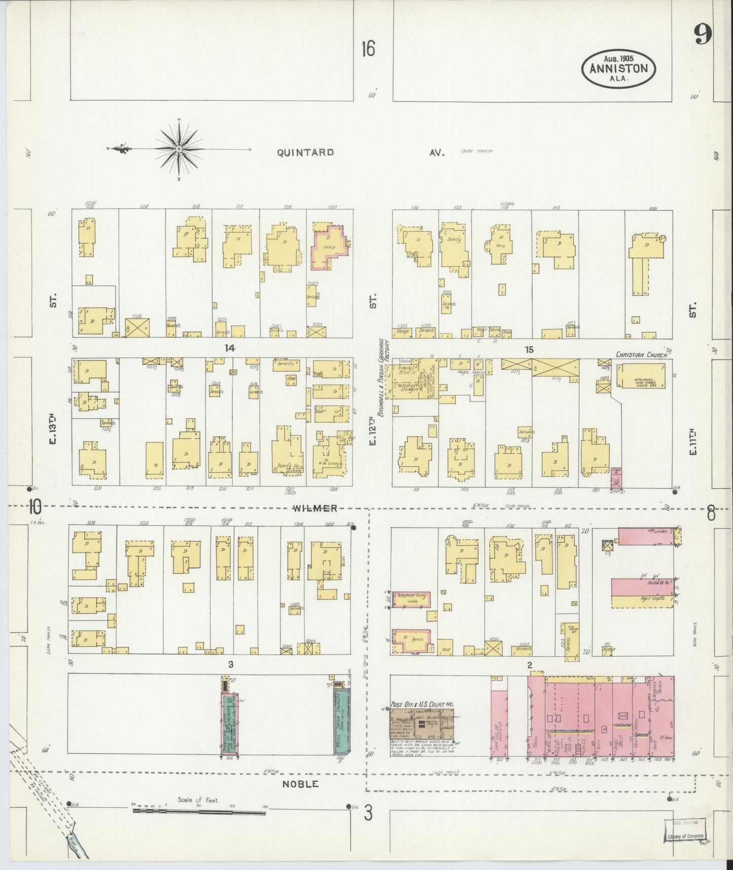 Sanborn Fire Insurance Map from Anniston, Calhoun County, Alabama (1905), Sheet #0009 - Historic Sanborn Fire Insurance Map Print, vintage old map wall art, antique decor, genealogy gift, Alabama Alabama map