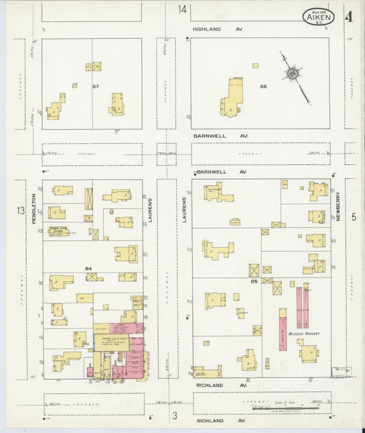 Sanborn Fire Insurance Map from Aiken, Aiken County, South Carolina (1918), Sheet #0004 - Historic Sanborn Fire Insurance Map Print, vintage old map wall art, antique decor, genealogy gift, South Carolina South Carolina map