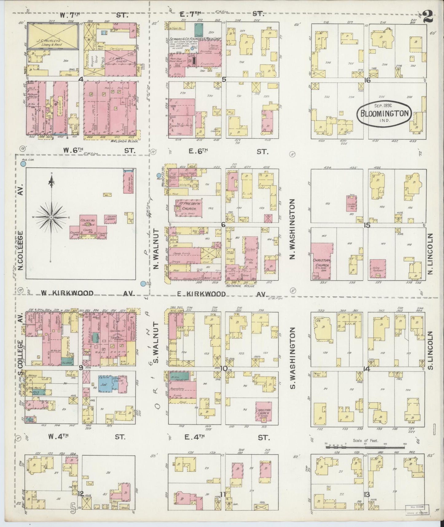 Sanborn Fire Insurance Map from Bloomington, Monroe County, Indiana (1892), Sheet #0002 - Complete Map Set gallery image, historic Sanborn map, vintage wall art, Indiana Indiana