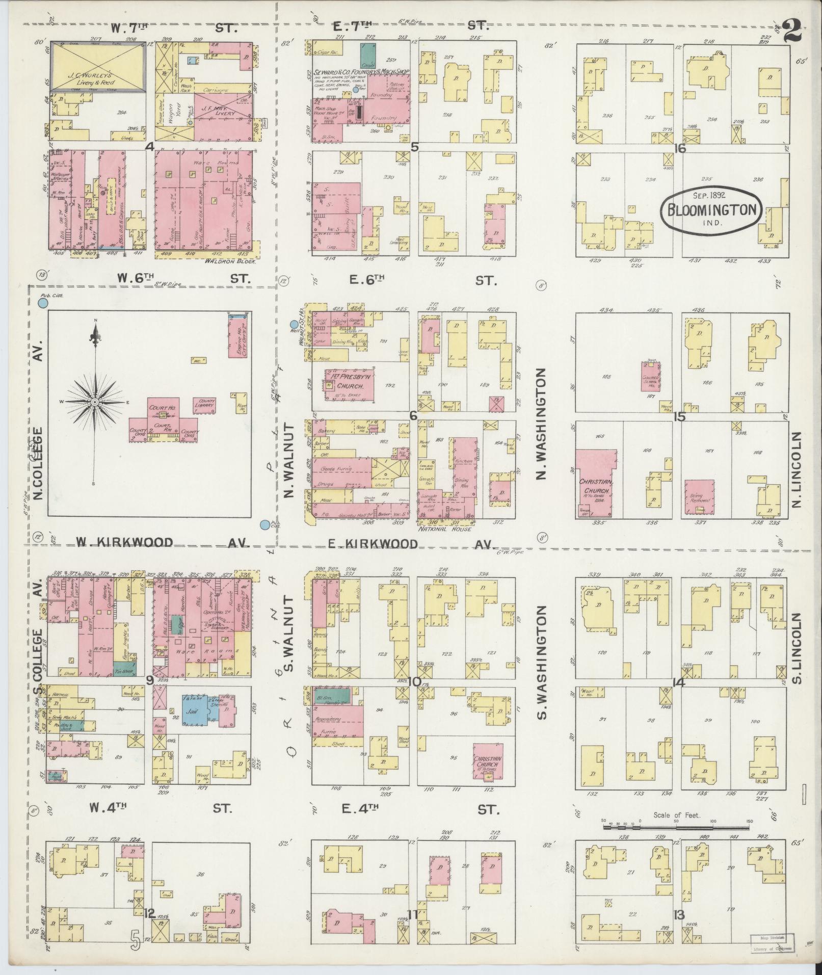 Sanborn Fire Insurance Map from Bloomington, Monroe County, Indiana (1892), Sheet #0002 - Complete Map Set gallery image, historic Sanborn map, vintage wall art, Indiana Indiana