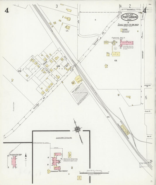 Sanborn Fire Insurance Map from Port Gibson, Claiborne County, Mississippi (1925), Sheet #0004 - Historic Sanborn Fire Insurance Map Print, vintage old map wall art, antique decor, genealogy gift, Mississippi Mississippi map