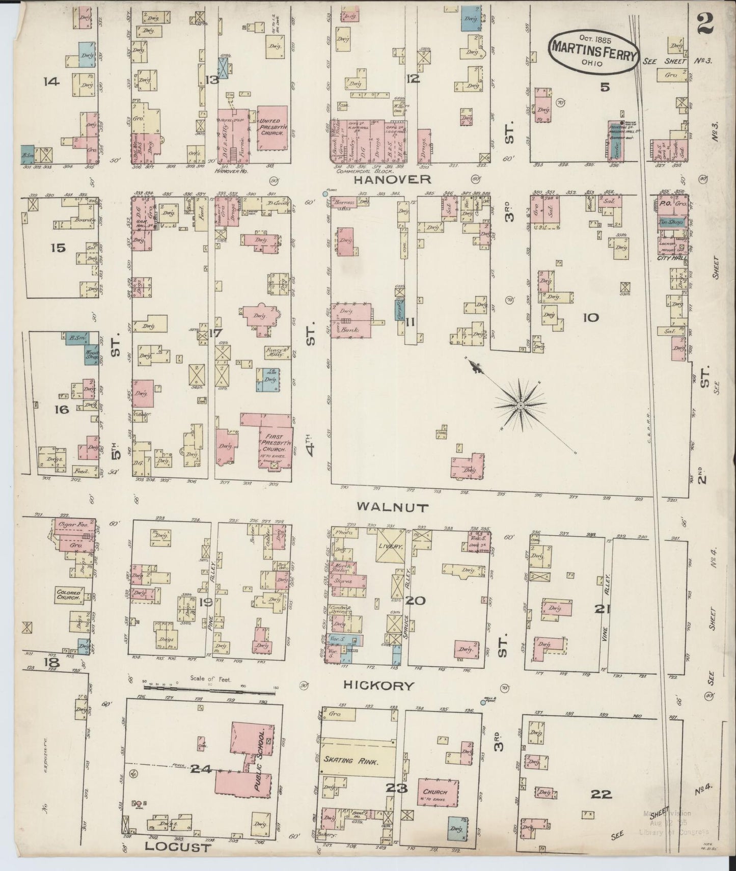 Sanborn Fire Insurance Map from Martins Ferry, Belmont County, Ohio (Unknown), Sheet #0002 - Historic Sanborn Fire Insurance Map Print, vintage old map wall art, antique decor, genealogy gift, Ohio Ohio map